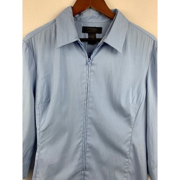 Express Womens Stretch 3/4 Sleeve Blue Zip-Up Collared Shirt - Picture 3 of 5